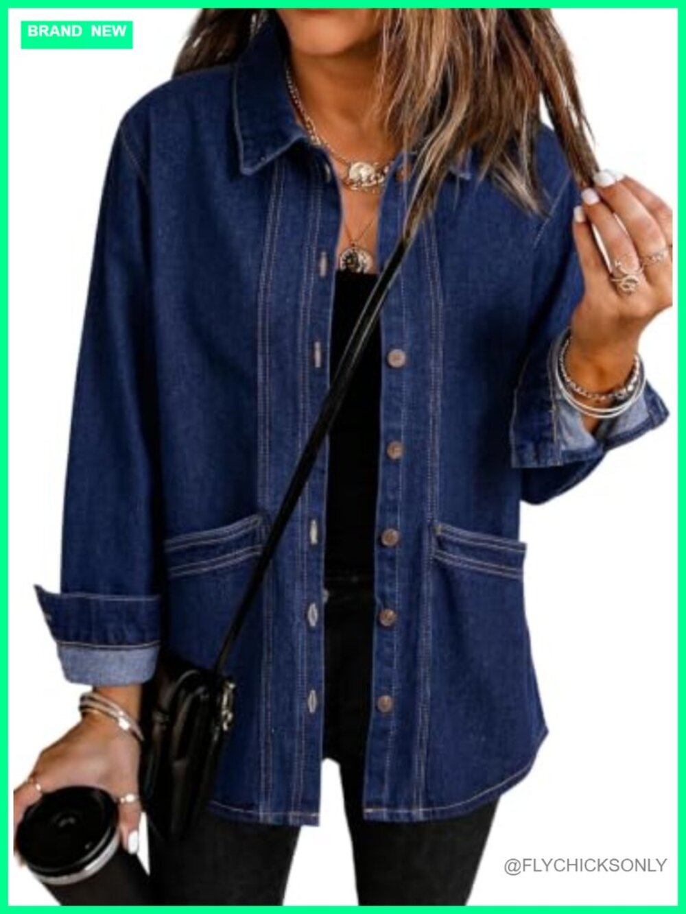 Oversized Button Down Denim Shirt Jacket Cotton Blend Patch Pockets